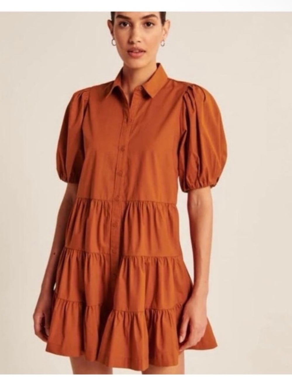 Abercrombie Tiered Puff-Sleeve Button Down Dress- Rust Orange